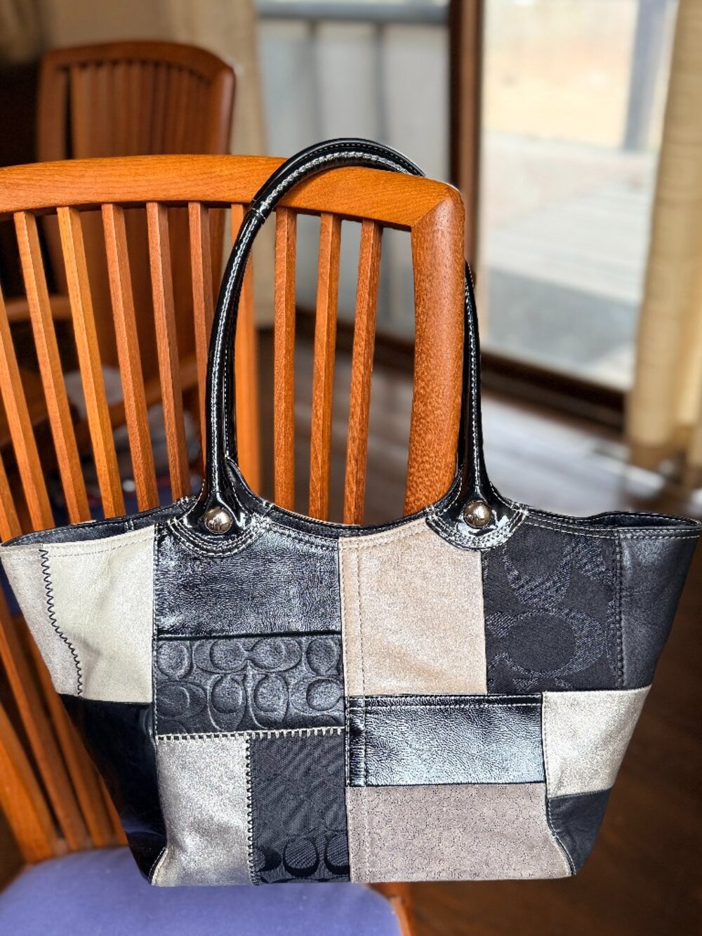 Coach Bleecker Signature Patchwork Tote Bag in black and gray leather and suede